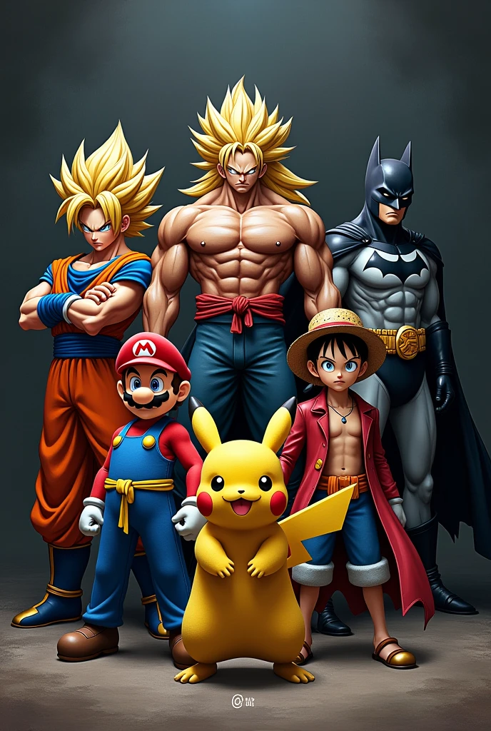 Super Mario, ein Super Sajajin, Raffael from the Ninja Turtles, monkey D.Ruffy, Pikachu and Batman in a group photo with a dark background, striking attack poses