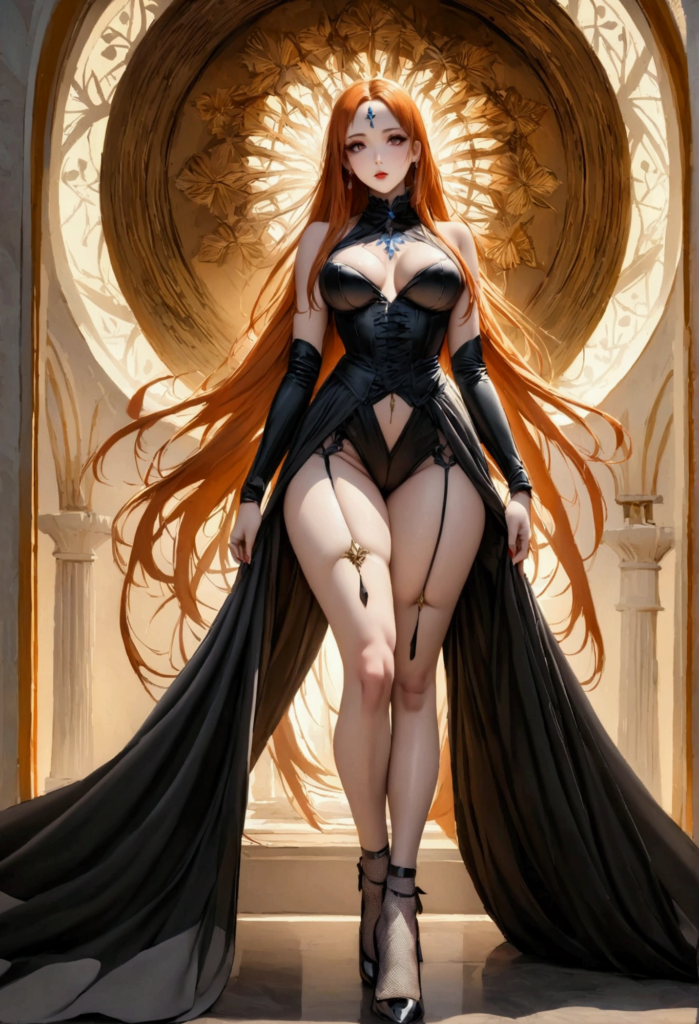 Orihime stands confidently facing the camera, her long locks flowing down her back with a striking black corset-adorned hair ornament framing her delicate features. Her luscious bangs cascade across her forehead, drawing attention to her radiant face and piercing eyes. A stunning black corset supports her generous bust, while thigh-high fishnet stockings showcase her toned legs and curvaceous thighs. Cute heels adorn her dainty feet, grounding the image. The soft lighting casts a warm glow on Orihime's porcelain skin, accentuating her hourglass figure and emphasizing the contours of her sumptuous derrière. In this ultra-realistic 8K photograph, every detail is meticulously rendered, from the intricate strands of her orange hair to the delicate features of her face.,Hourglass figure,Hourglass figure,Sexy outfit