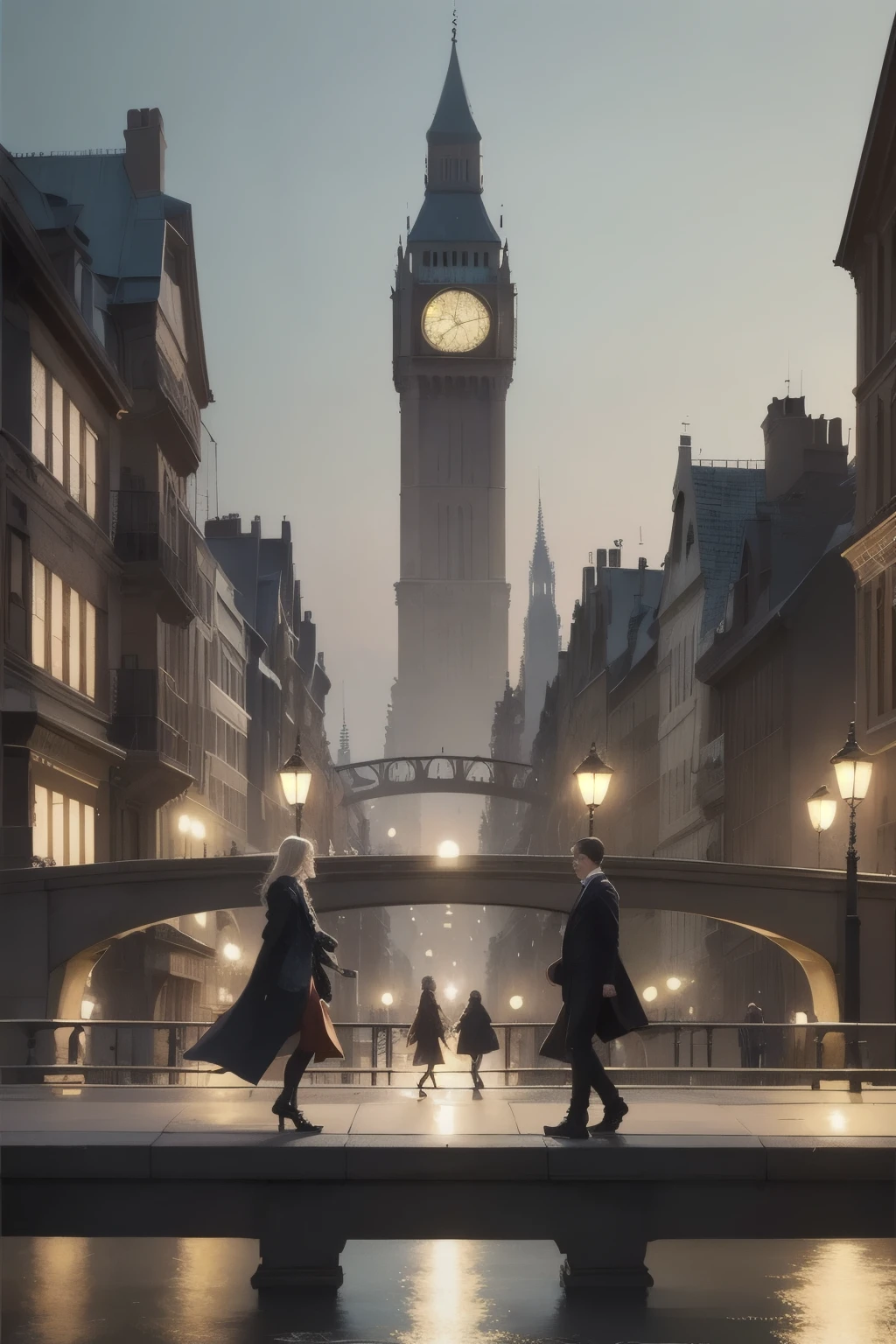 people walking on a bridge in a city at night with a large clock tower in the background, classic scenario, arstation and beeple highly, city street, metropolis, Albert Edward Hughes's draw style
