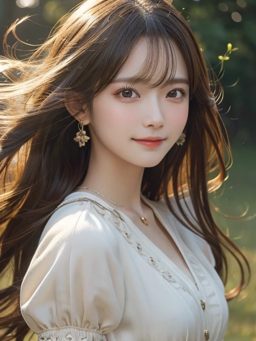 ((Highest quality)),(Ultra-high resolution),(Very detailed),(Detailed Description),((The best CG)),(masterpiece),Ultra-detailed art, semi-long、A gentle smile、Hair blowing in the wind、