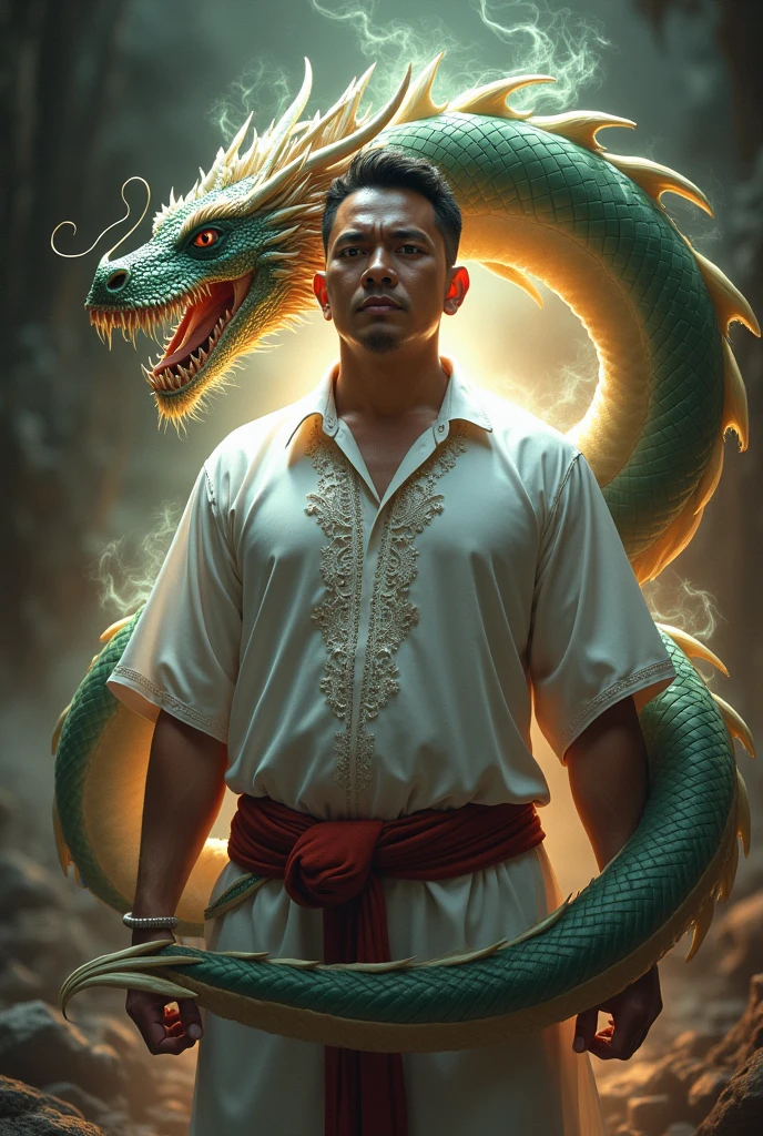 A fierce chubby filipino human wearing white barong tagalog with a dragon surrounding his body with aura