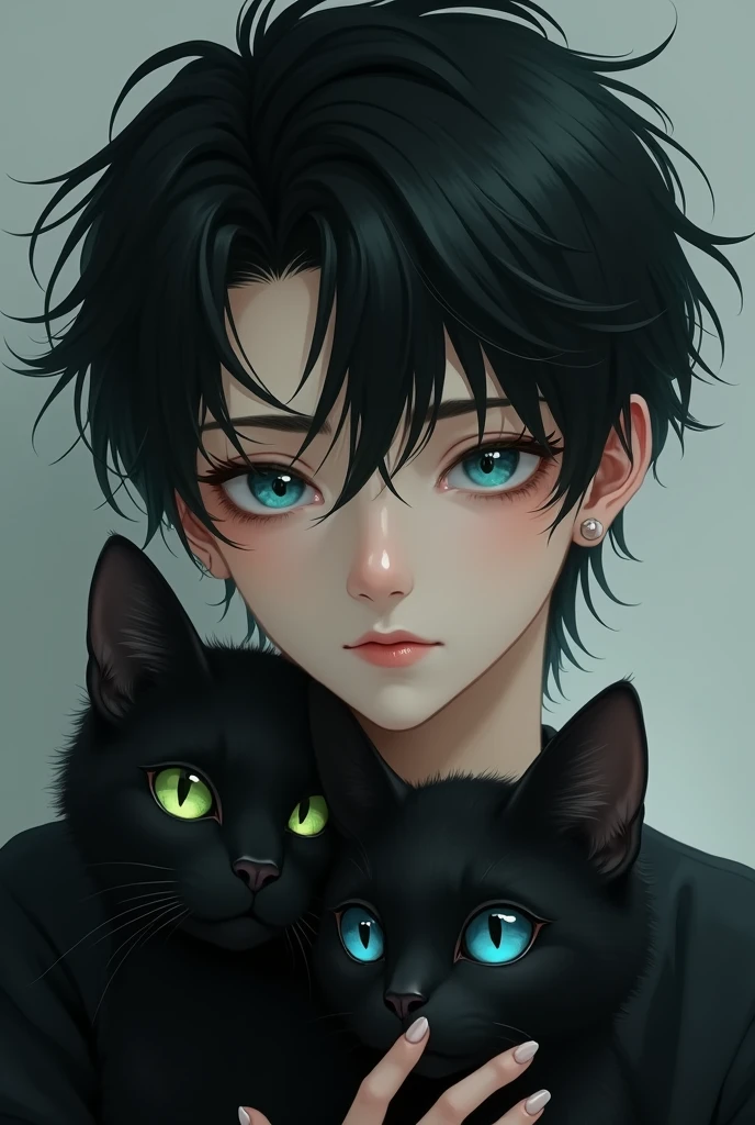 A black-haired teenage boy with heterochromia, one eye blue and the other green, with a black cat also having heterochromia, one eye blue and the other green.