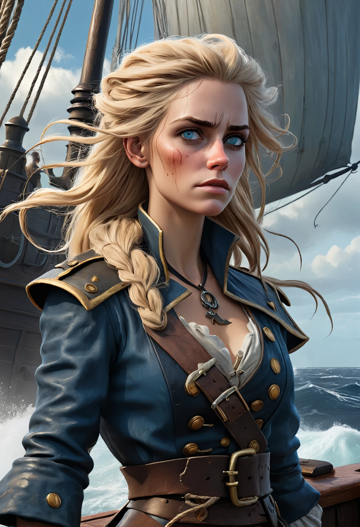 (Realistic:1.2), Grimy 24-year-old blonde pirate woman with weathered skin, sea-sprayed hair, and a salty gaze leaning against mast of. her storm-battered ship, a dagger by in her hand limp at her side, exhausted after another sea battle. The rough grey sea stretching out before her like an endless battlefield, waves crashing against the vessel's hull as dark, foreboding clouds gather on the horizon, an airship looming in the distance, its billowing sails tattered, the pirate's tunic a deep, rich blue with sea-worn whites and tawny leather accents, contrasting warm golden light on weathered wood and cold blue shadows, 8k hyper-real fantasy matte painting in the style of Simon Stalenhag, ZBrush textures and Unreal Engine 5, detailing reminiscent of Iain McCaig's concept art, loose brushstrokes echoing the rugged seascape my soulmate.