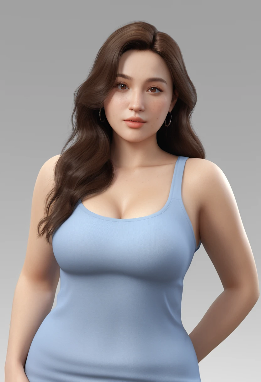 A curvy young woman, slightly chubby, perfect mixed, wavy hair, big tits, half body, best quality, highest quality, extremely Realistic, 8k, rendered in unreal engine, photorealistic