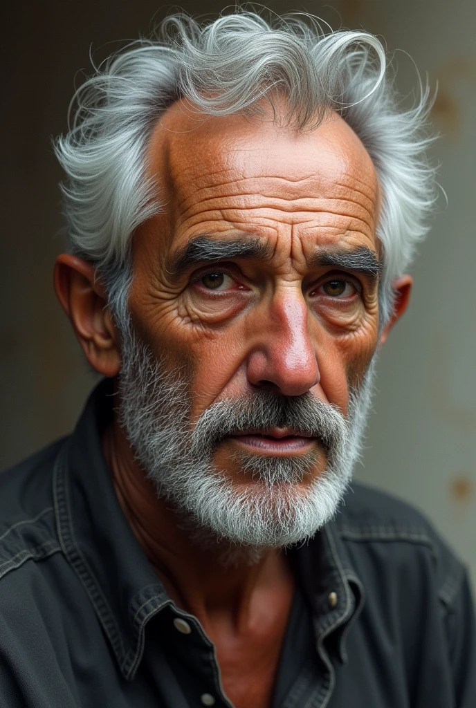 50-year-old man with a thin, graying beard, tanned skin, and half-white hair, with a serious expression, like an oil painting.