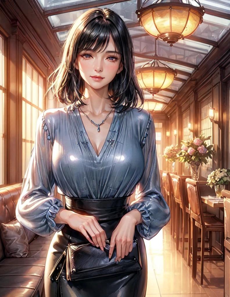 Only one female, Walk slowly, (Blue silver blouse) (Leather skirt), Mature Woman, /(Black Hair/) bangs, Blushing Smile, (Masterpiece Top quality:1.2) Delicate illustrations, super detailed, large breasts break (Pouch) break (Luxury restaurant corridor:1.2) indoor, (Stained Glass Windows), (The light of the setting sun), Detailed Background, Detailed eyes