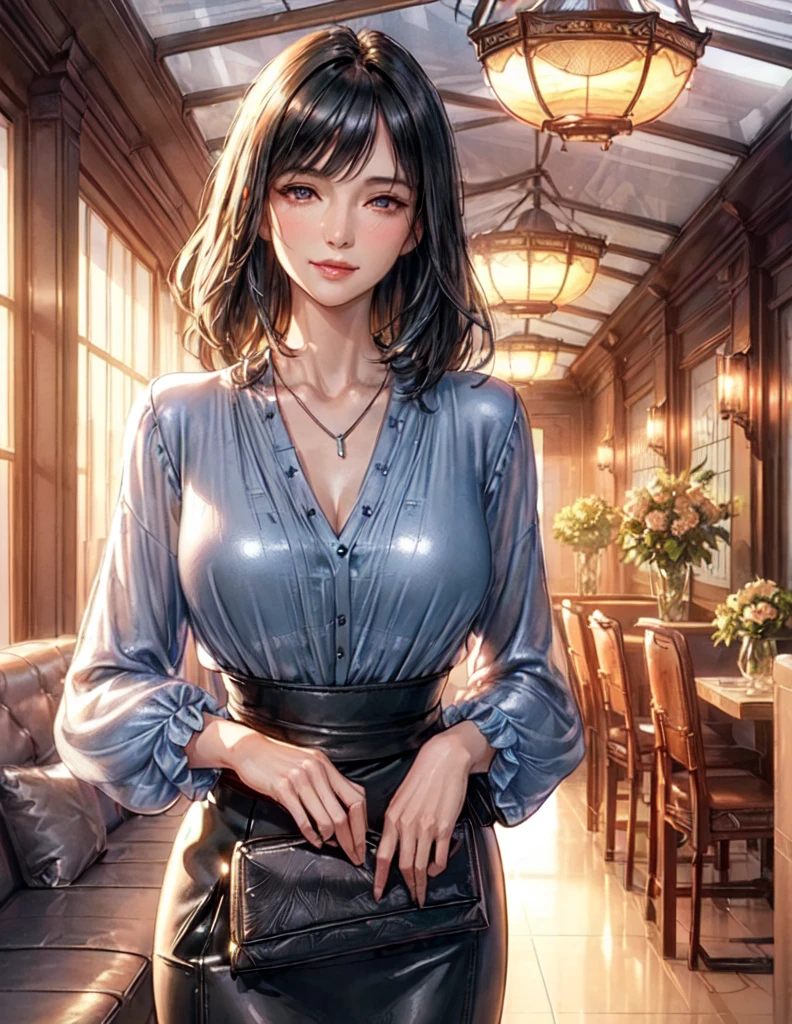 Only one female, Walk slowly, (Blue silver blouse) (Leather skirt), Mature Woman, /(Black Hair/) bangs, Blushing Smile, (Masterpiece Top quality:1.2) Delicate illustrations, super detailed, large breasts break (Pouch) break (Luxury restaurant corridor:1.2) indoor, (Stained Glass Windows), (The light of the setting sun), Detailed Background, Detailed eyes