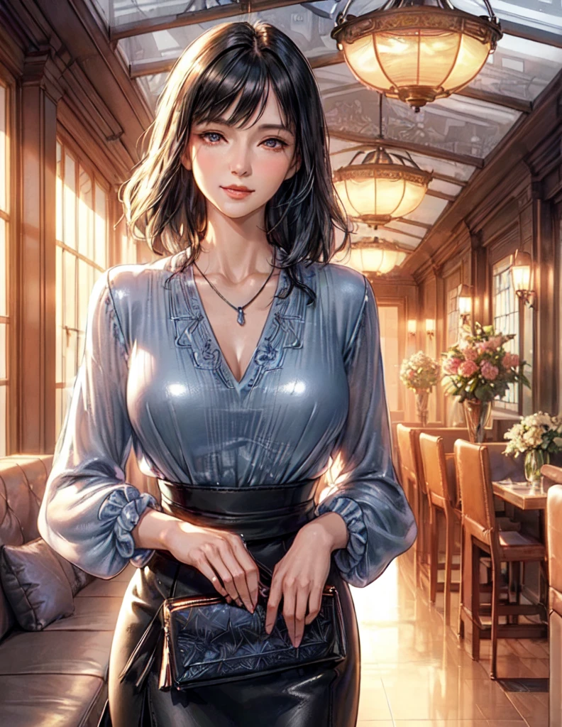 Only one female, Walk slowly, (Blue silver blouse) (Leather skirt), Mature Woman, /(Black Hair/) bangs, Blushing Smile, (Masterpiece Top quality:1.2) Delicate illustrations, super detailed, large breasts break (Pouch) break (Luxury restaurant corridor:1.2) indoor, (Stained Glass Windows), (The light of the setting sun), Detailed Background, Detailed eyes