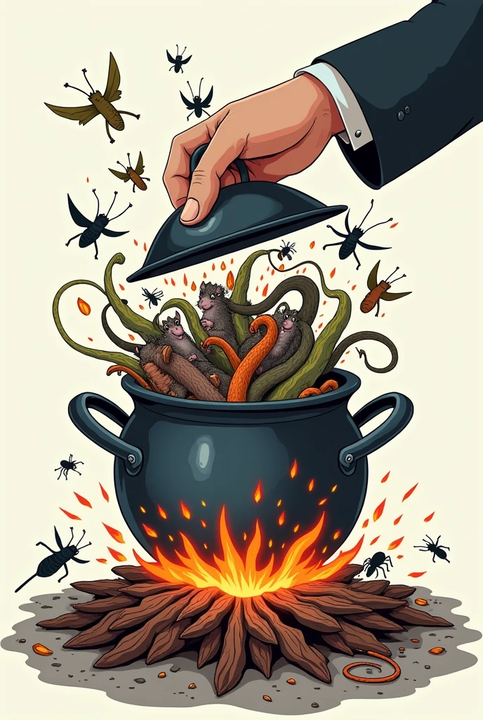 Cartoon of a pot on the fire where a hand is lifting the lid and rats emerge, Snakes, Spiders, bats and many more insects, making an analogy that corruption and various crimes are uncovered, where the background is transparent to overlay the image on different surfaces.