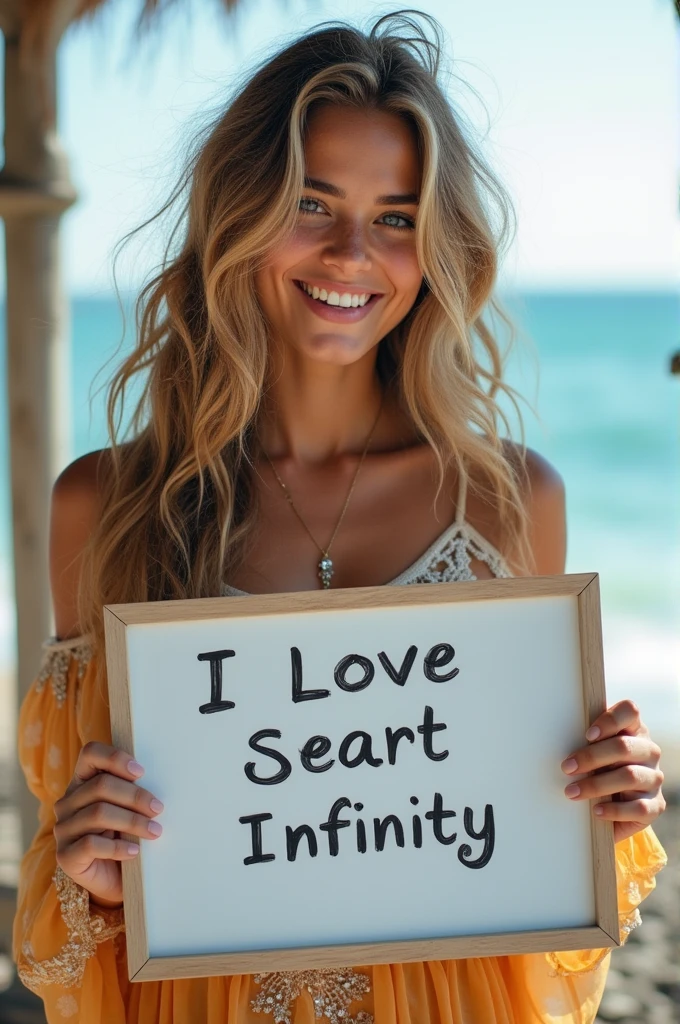 Beautiful girl with wavy long hair, bohemian dress, holding a white board with text "I Love Seaart Infinity" and showing it to the viewer