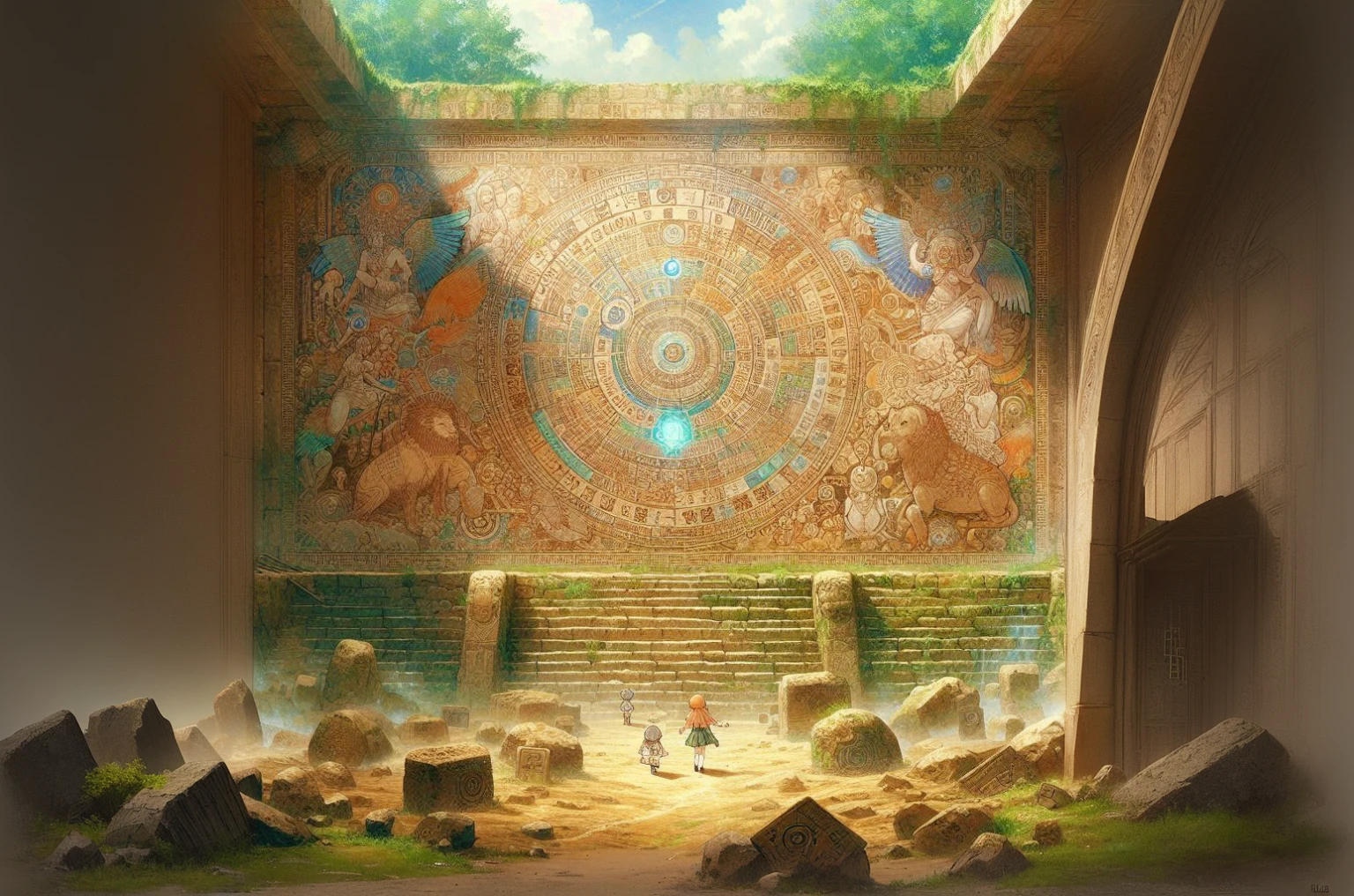 Painting of a large stone building with a clock, Symmetric的な壮大なファンタジーアート, library of ruina Concept Art, intricate Concept Art painting, Symmetric!! Concept Art, Anime fantasy artwork, Ancient SF art, Highly detailed official artwork, Ancient biomechanical temples, Mystical temple landscape, anime scenery Concept Art, Sacred ancient architecture