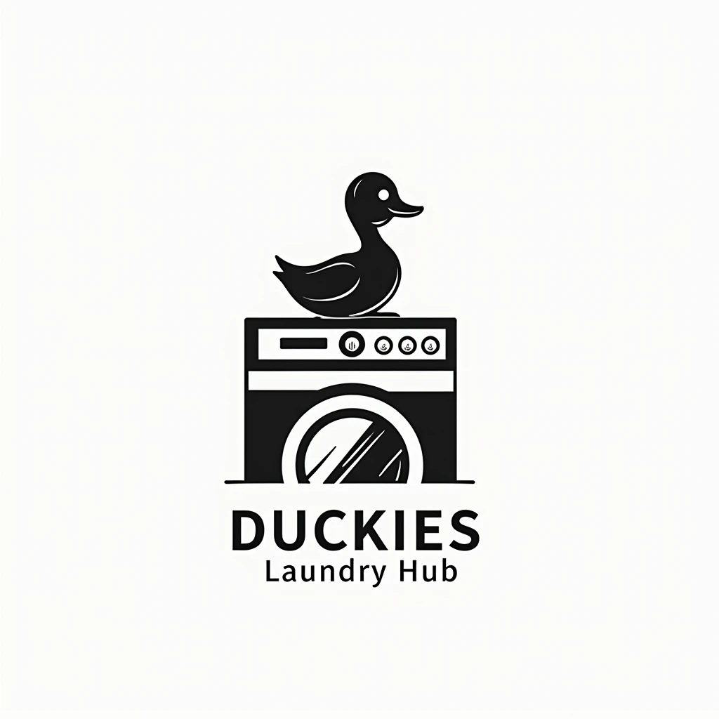 Simple logo of black duck on top of Washing Machine, Put a captionthe the right "Duckies Laundry Hub" With bigger text size