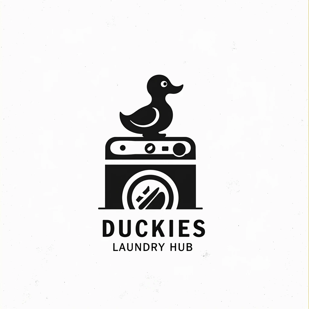 Simple logo of black duck on top of Washing Machine, Put a captionthe the right "Duckies Laundry Hub" With bigger text size
