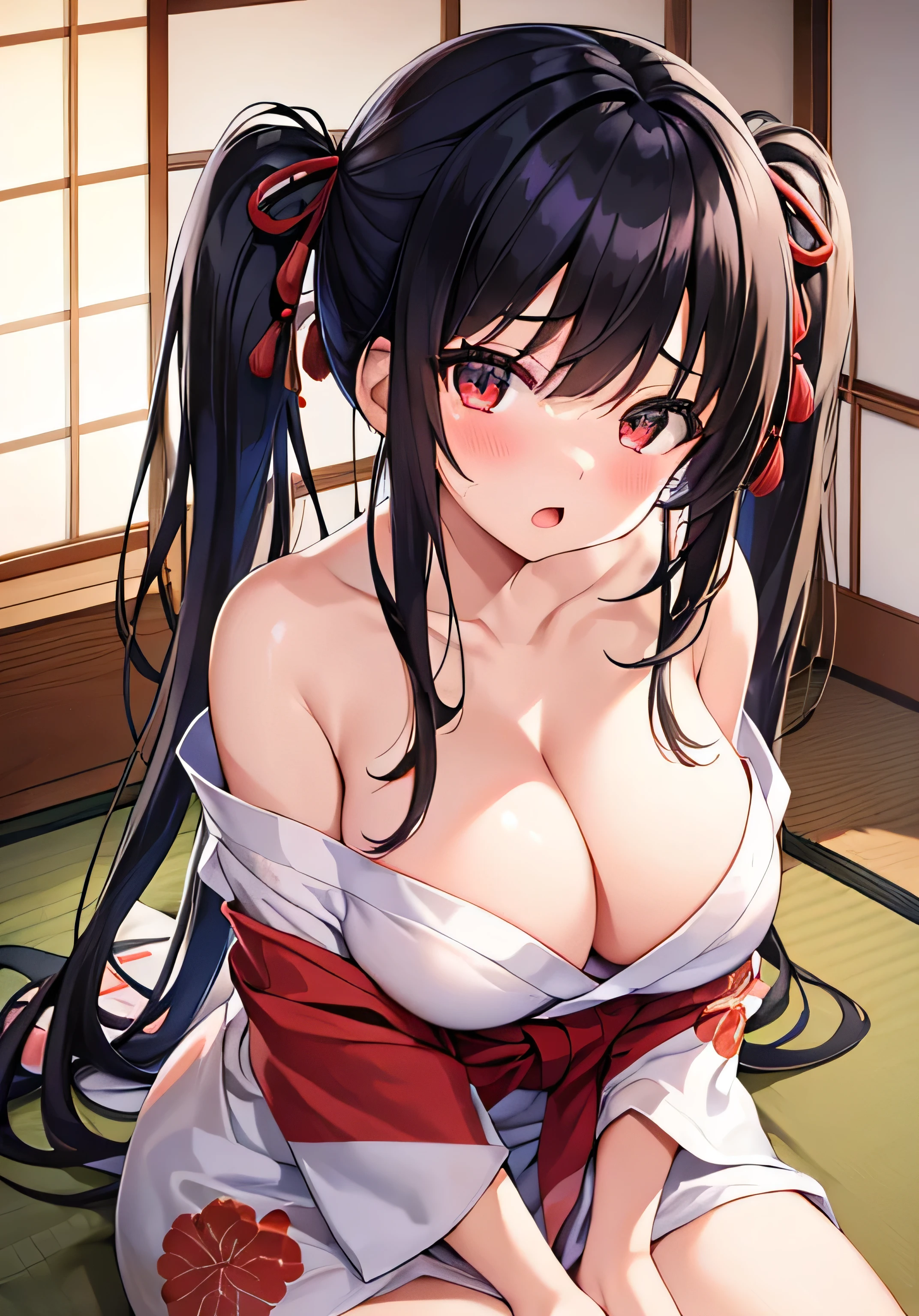 masterpiece、Highest quality、Ultra-high resolution、nsfw、age girl with big breasts、twin tail hairstyle、black hair、Red face、shyly、open your mouth just a little、A white yukata made of white towel fabric with exposed shoulder、cleavage、sit on the Futon mattress、inside Japanese style tatami room at night time、night time