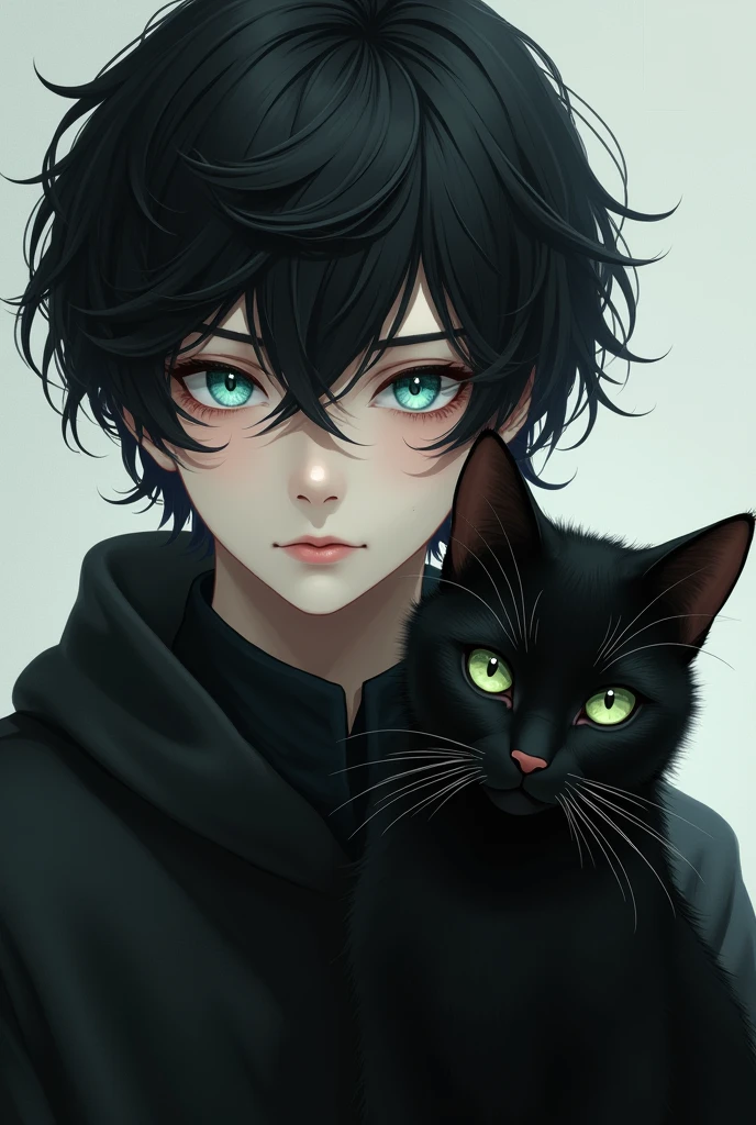 A black-haired teenage boy with heterochromia, one eye blue and the other green, with a black cat also having heterochromia, one eye blue and the other green.