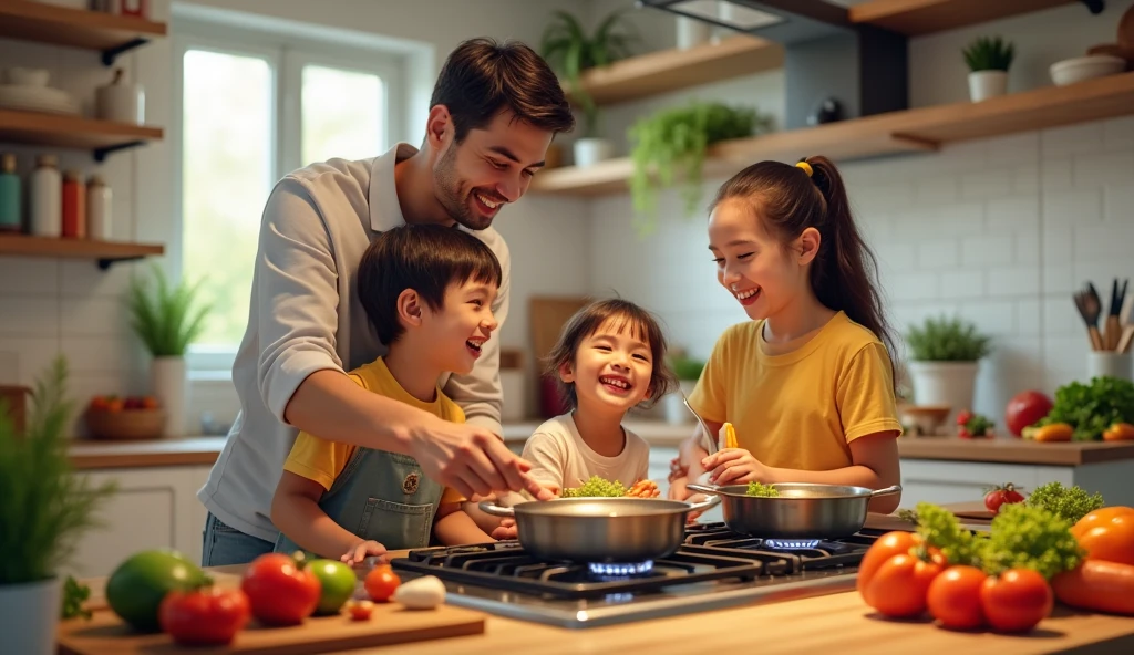 A happy family using gas in their kitchen, with a vibrant and active kitchen.