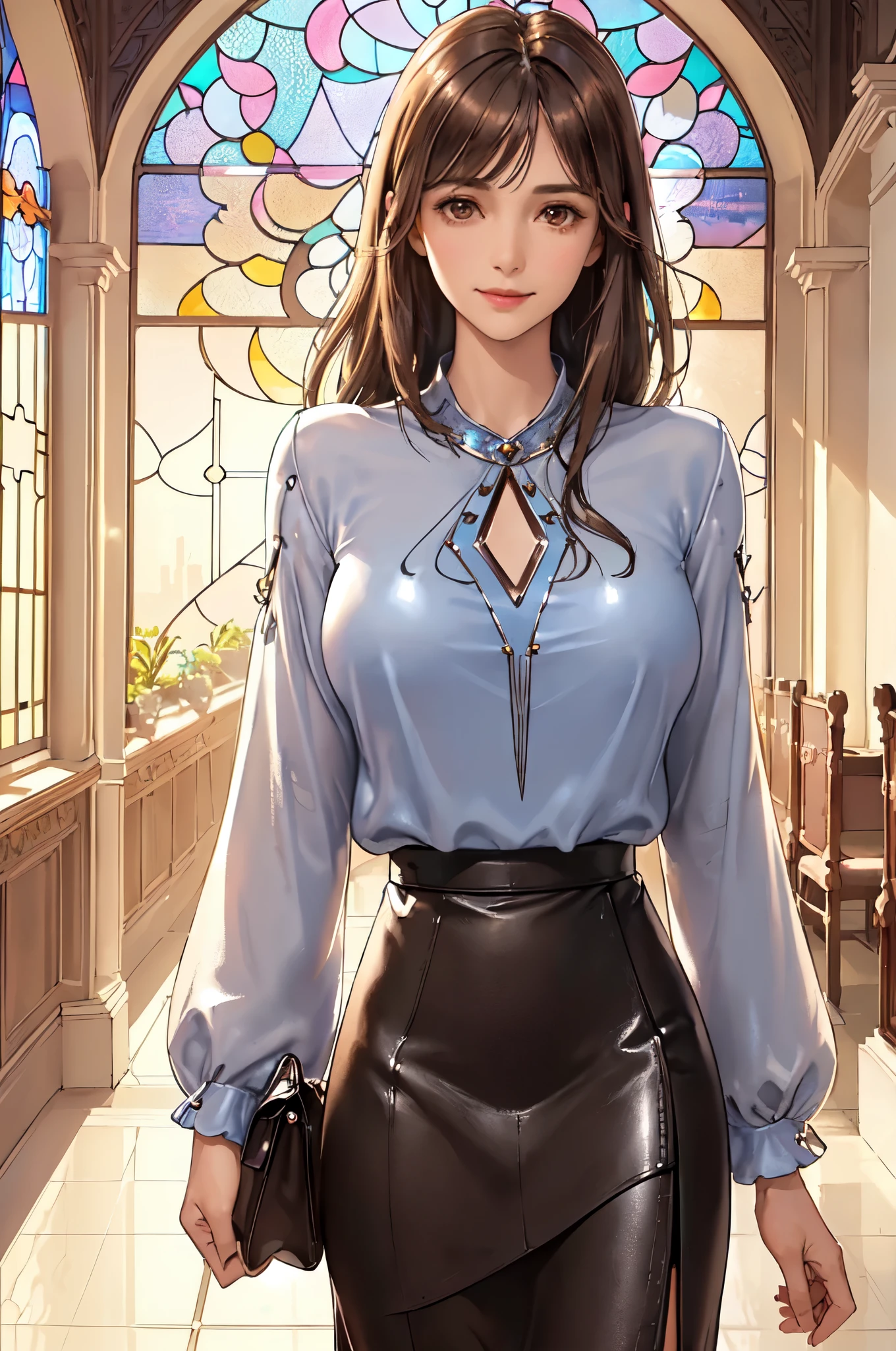Only one female, Walk slowly, (Blue silver blouse) (Leather skirt), Mature Woman, /(Brown Hair/) bangs, A light smile, (Masterpiece Top quality:1.2) Delicate illustrations, super detailed, large breasts break (Pouch) break (Luxury restaurant corridor:1.2) indoor, (Stained Glass Windows), (The light of the setting sun), Detailed Background