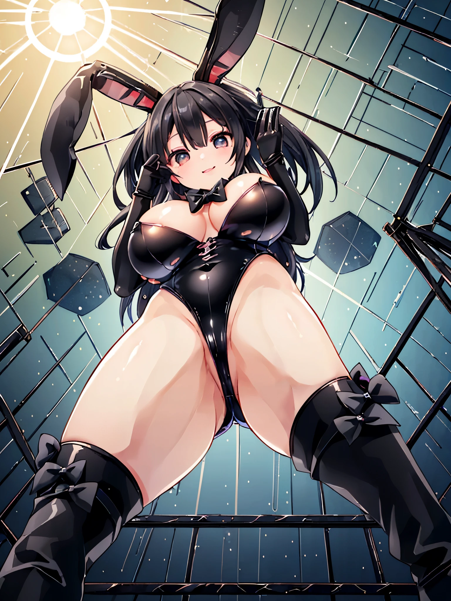 ((Image from below: 3.0)),(((Black rabbit ears:2.0))),((black bunny girl:2.0)),brown eyes:1.5,beautiful detailed eyes,((A radiant smile:1.5)),((A bow tie:2.0)),Rabbit ears and a tie:1.5,(Huge breasts:1.8),(Saggy Huge Breasts:1.8),sexly, beautiful, Big eyes, Droopy eyes, Anime-style image of a woman with rabbit ears and a black bodysuit,(black bunny girl:1.5),The best smile:1.5,((Wide Eyes:1.5)),(eye shadow:1.5),(Slightly red cheeks:1.5),(Plump lips:1.5), (strapless:2.0),(strapless:2.0),(Light-reflecting latex:2.0),((Elbow-length black leather gloves:2.0)),Big beautiful eyes:1.5,Cute like an idol, Perfect Skin,((black leather opera gloves:1.5)),(black leather thigh high boots:1.5),((Black Hair:1.5)),((black eye:1.5)),(Huge breasts:1.8),(Saggy Huge Breasts:1.8), ((Highest quality:2.0)),Perfect Anatomy,(((Highest quality:2.0))), 4K, masterpiece, Very detailed, Studio Lighting,Boob proportions, Fascinating anime, , Very detailed full body, Anime very detailed, Perfect body with realistic shading, have large breasts, azur lane style, Photorealistic perfect body, Smooth anime CG art