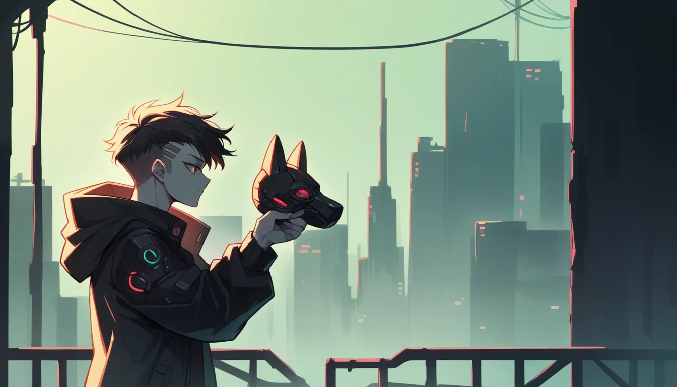 Create an anime-style character standing in the center of a dark, mysterious cyberpunk city. The character should be positioned in a side profile pose, holding a mask in one hand. The city should have low lighting with dark tones, emphasizing the mysterious atmosphere. In the background, add people to give life to the environment, interacting with the cityscape and creating a bustling, vibrant scene