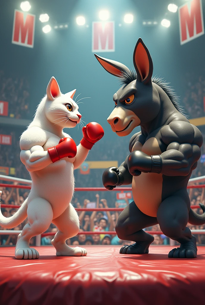 the boxing match between a nimble.bodybuilder white cat and a tough.bodybuilder donkey. The cat looks confident with boxing gloves raised, while the donkey appears strong and determined. The poster is surrounded by excited onlookers and flyers.Dom Qwek, furry art, 8 k hd resolution,