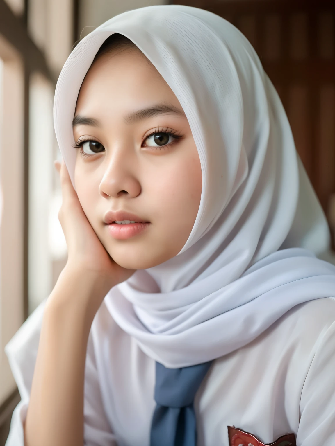 beautiful Indonesian High school girl , (white hijab), young, seragamsmahijab, school, hyper detailed, photorealistic, 8k, high quality, realistic, extremely detailed, intricate details, cinematic lighting, beautiful, erotic, sensual, intimate, delicate, soft, tender, glowing skin, natural lighting, warm tones