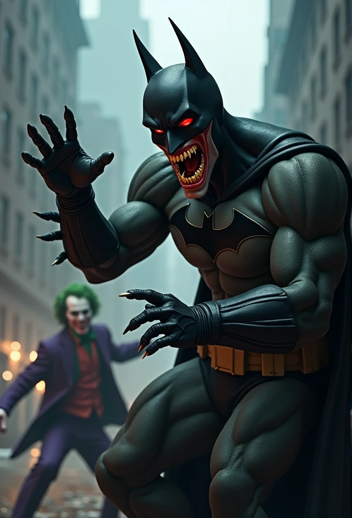 Batman qui rit, Batman, fais-moi, joker batman, Ses crocs apparaissent lors d'un coup de soleil, des bandes dessinées da marvel, illustration, des illusions époustouflantes, architecture du brutalisme, brutalisme gothique, fond de Gotham, travail en ligne impeccable, fait de brume, des bandes dessinées, sauvage et audacieux, dent en or foncé et yeux rouges, Costumes détaillés, pâtes terrifiantes, corps entier intense, Couverture du film, QUALITÉ CINÉMA, film de travail de rêve, qualité professionnelle, Thème sombre, Méchant Batman, 32k, 160 images par seconde, Ultra détaillé, Animation des ombres, Qualité du film d’animation Marvel, Batman frappe un ennemi qui crache du sang