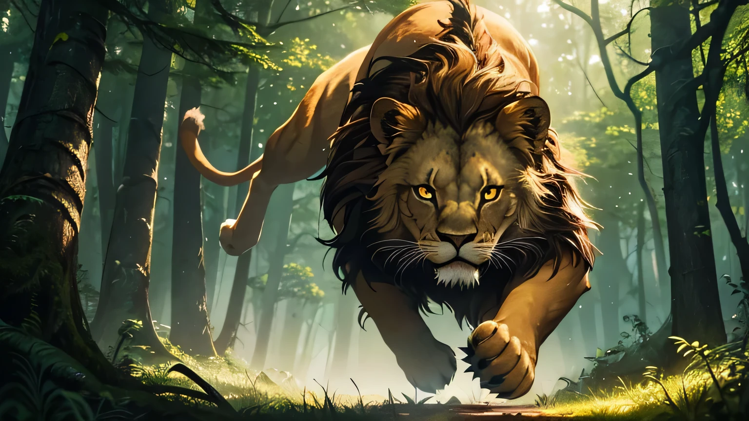 Moving scene LEAP IN THE AIR, lion in the forest, glowing yellow eyes, glowing eyes, sharp fangs, dim lighting, hyper realistic, cinematic lighting, intricate details, 8k, high quality, photorealistic, dramatic, powerful, FOREST