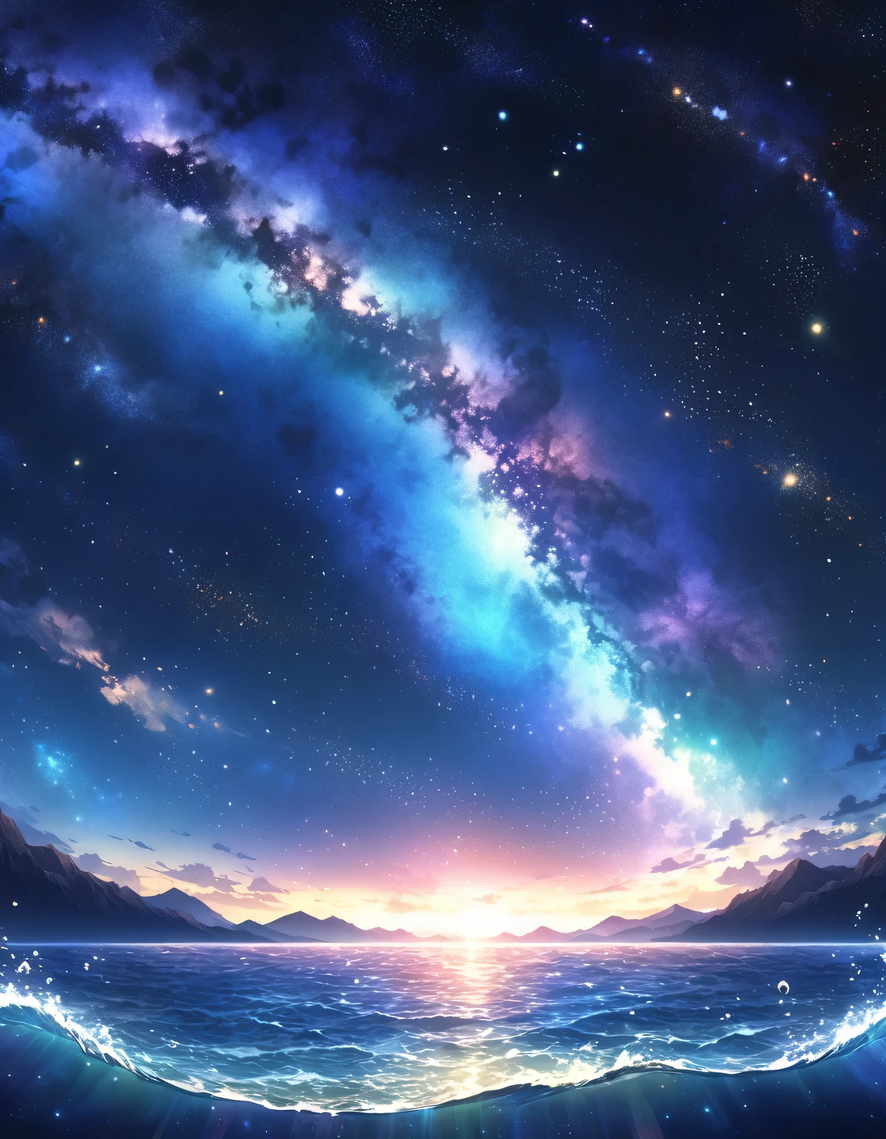 Starry Sky，big，Ocean swell，There is no one、The background is an infinite universe，Space Sky。Starry Sky8K，quiet night，Anime Background Art， 4k anime wallpaper， Starry Skyの光， Starry Sky environment under moonlight