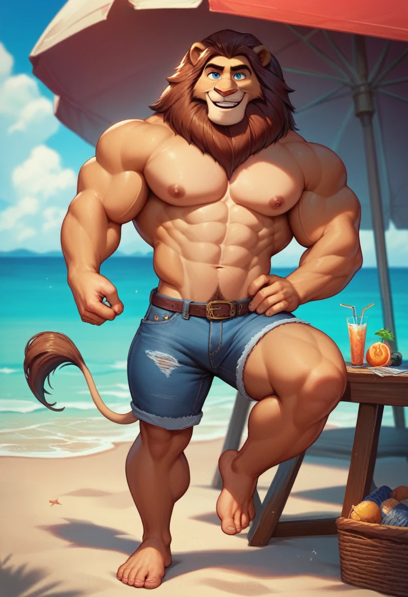 Alex the Lion from Madagascar cartoon, slender, muscular gold lion with blue eyes, handsome, tall, brown pentagon mane, extremely beautiful face, muscular body, wears a denim cargo shorts, bare feet, on beach, smile