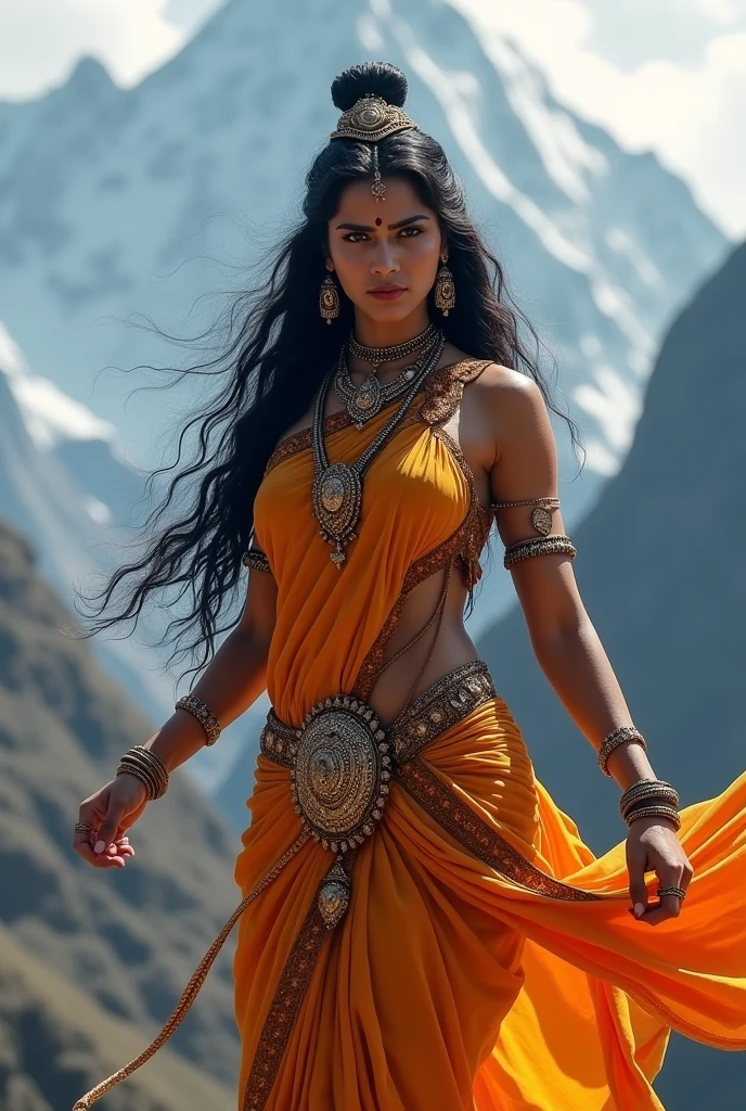 Maa parvati in orange saree angry version
Background himalayas