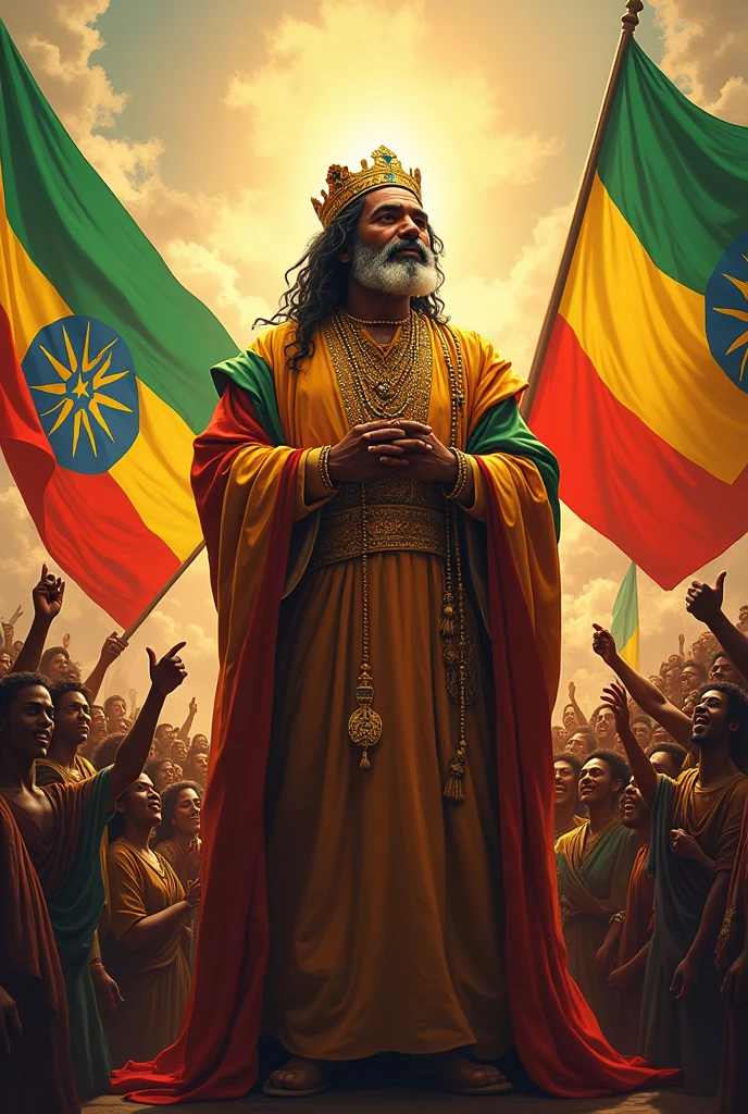 Reggae album cover of the great emperor Jah Selassie, liberator of Ethiopia, in a large space being venerated by all his people and Ethiopian flags , 80s reggae aesthetic