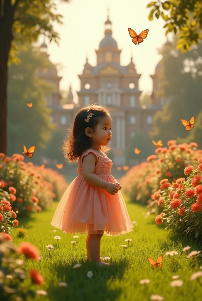 Two-year-old Vietnamese girl wearing a dress is playing in the park, under her feet is a green lawn, next to it are colorful flower beds, detailed lawn, details, flowers, in the distance is a palace with golden sunlight shining on it, detailed palace in European and fairy tale style, detailed sunlight, detailed girl's hand, detailed noly dress, butterflies fluttering on flower petals, detailed butterflies, detailed leaves, detailed flowers, (8k, high resolution, RAW image, realistic, photorealistic: 1.3), (detailed skin texture, detailed fabric texture, detailed water, texture, beautiful detailed face: 1.25), professional lighting, photon mapping, beautiful soft light, radioactivity, physically based rendering, ray tracing, model shooting style, model shooting style, (8k super detailed unity CG wallpaper), the world's most beautiful full body photo of artwork, dress detail, ((long hair slightly curly)), and a charming figure, (elegant dress: 1.2), dramatic lighting, masterpiece, immersive atmosphere, chiaroscuro: (1.5, strong light: 1.2, brilliant light), (background blur: 1.5), blur, best quality, realistic, extremely detailed, HDR, physically based rendering, studio lighting, vivid colors, bokeh, (real skin texture: 1.3), high contrast, (Fuji Color: 1.5), Film grain, detailed charming red eyes and face, dynamic lighting, in the dark, deep shadow, low key, cowboy shot, Facial lighting, super detailed face, very detailed lips, Detailed eyes