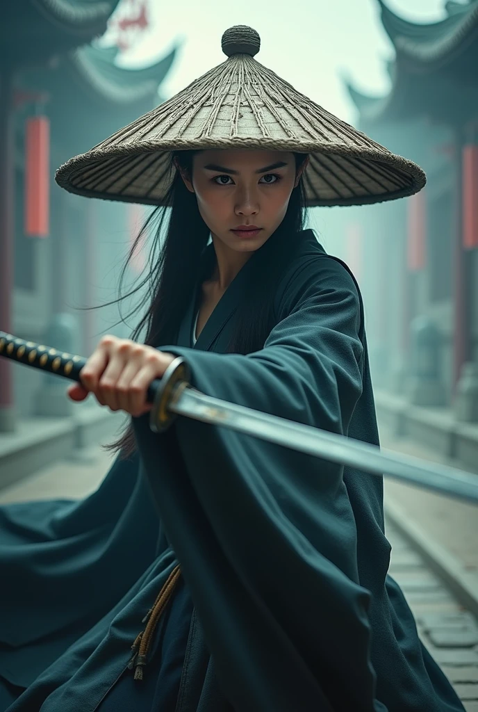 Ancient Chinese architecture,hazy,A female warrior wearing a large straw hat,Holding a sword,With a murderous look on one's face,A fluttering cape,Dynamic,mystery,bust,雾气hazy,Watery halo,close up,Martial Arts Style,Ink,Dark Tones,Movie Posters,Ultra high quality,32k ultra-high definition resolution,Front view,Ancient Chinese style,
