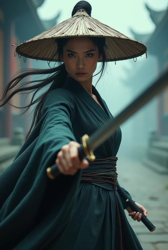 Ancient Chinese architecture，hazy，A female warrior wearing a large straw hat，Holding a sword，With a murderous look on one's face，A fluttering cape，Dynamic，mystery，bust，雾气hazy，Watery halo，close up，Martial Arts Style，Ink，Dark Tones，Movie Posters，Ultra high quality，32k ultra-high definition resolution，Front view，Ancient Chinese style,