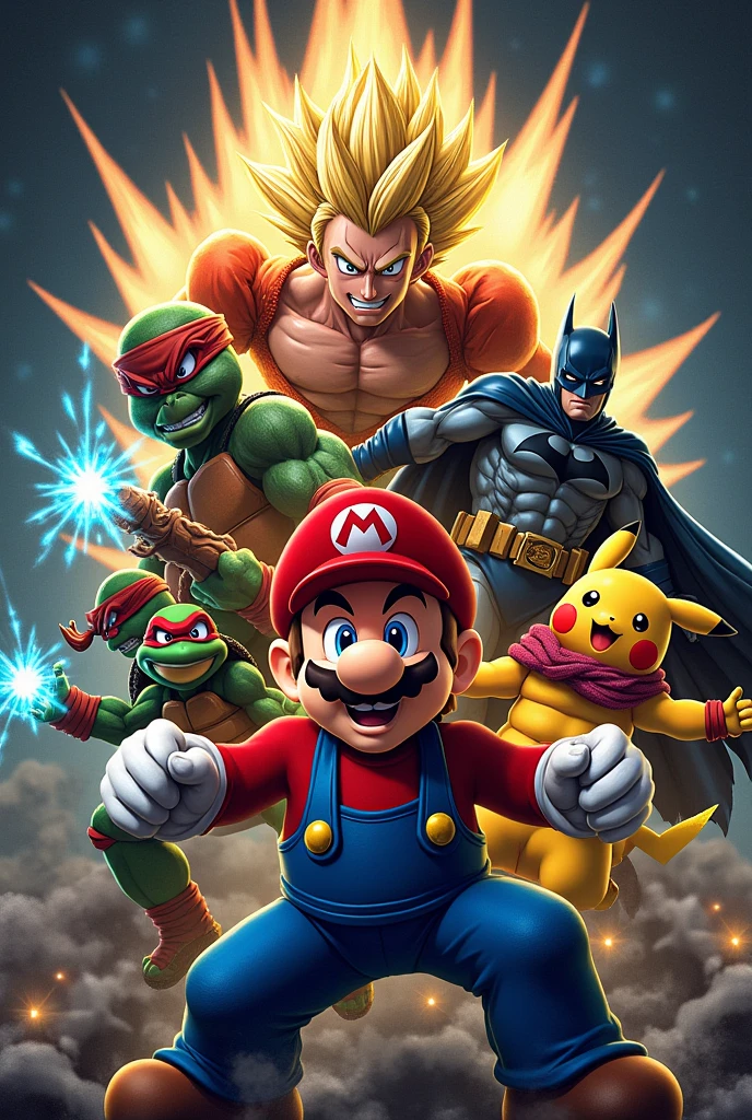 Super Mario, ein Super Sajajin, Raffael from the Ninja Turtles, monkey D.Ruffy, Pikachu and Batman in a group photo with a dark background, striking attack poses 