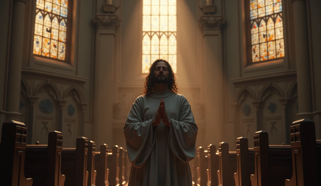 Realistic person praying in a church.