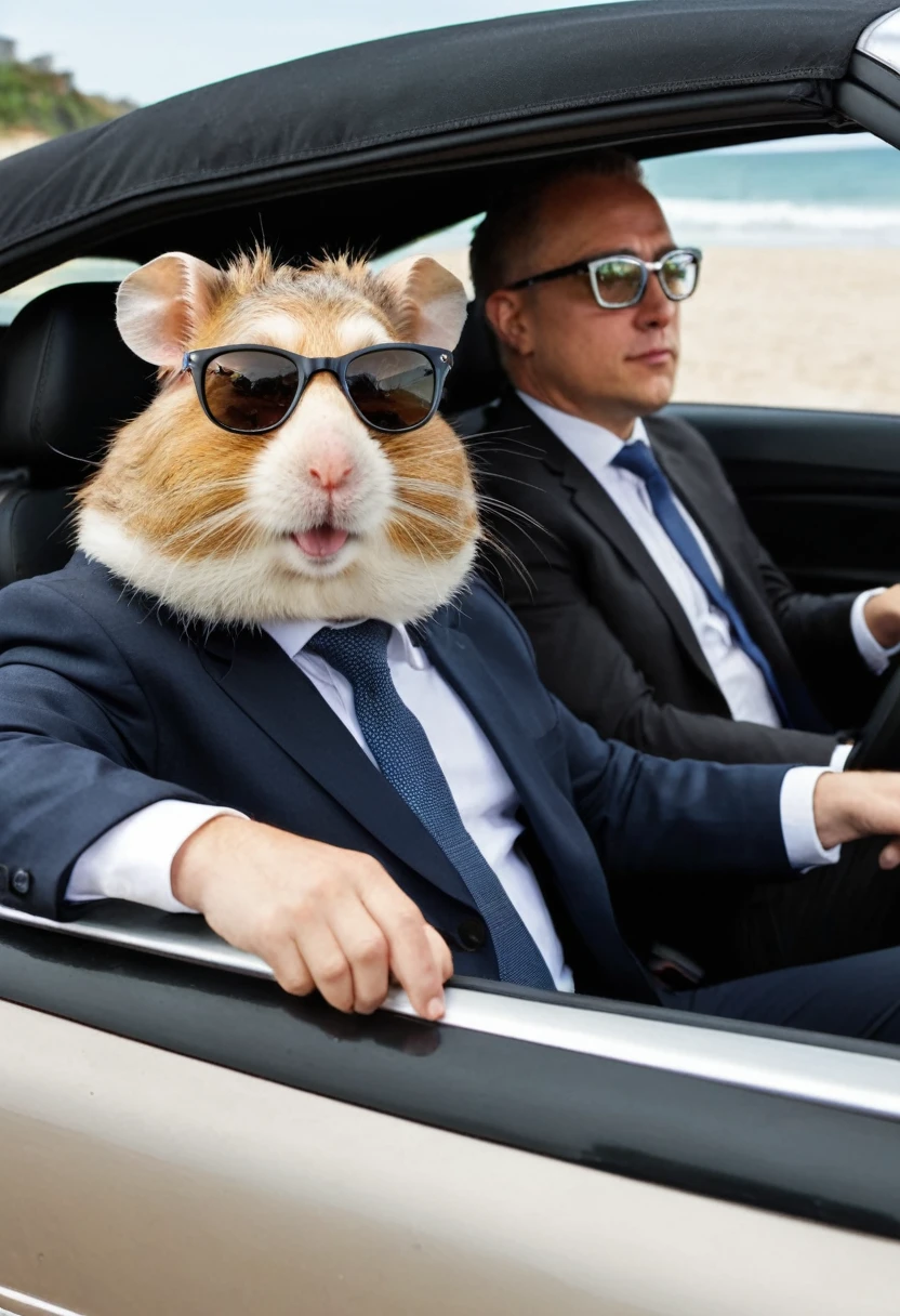 A man in a convertible with a large hamster wearing glasses and a business suit drives along the beach. 