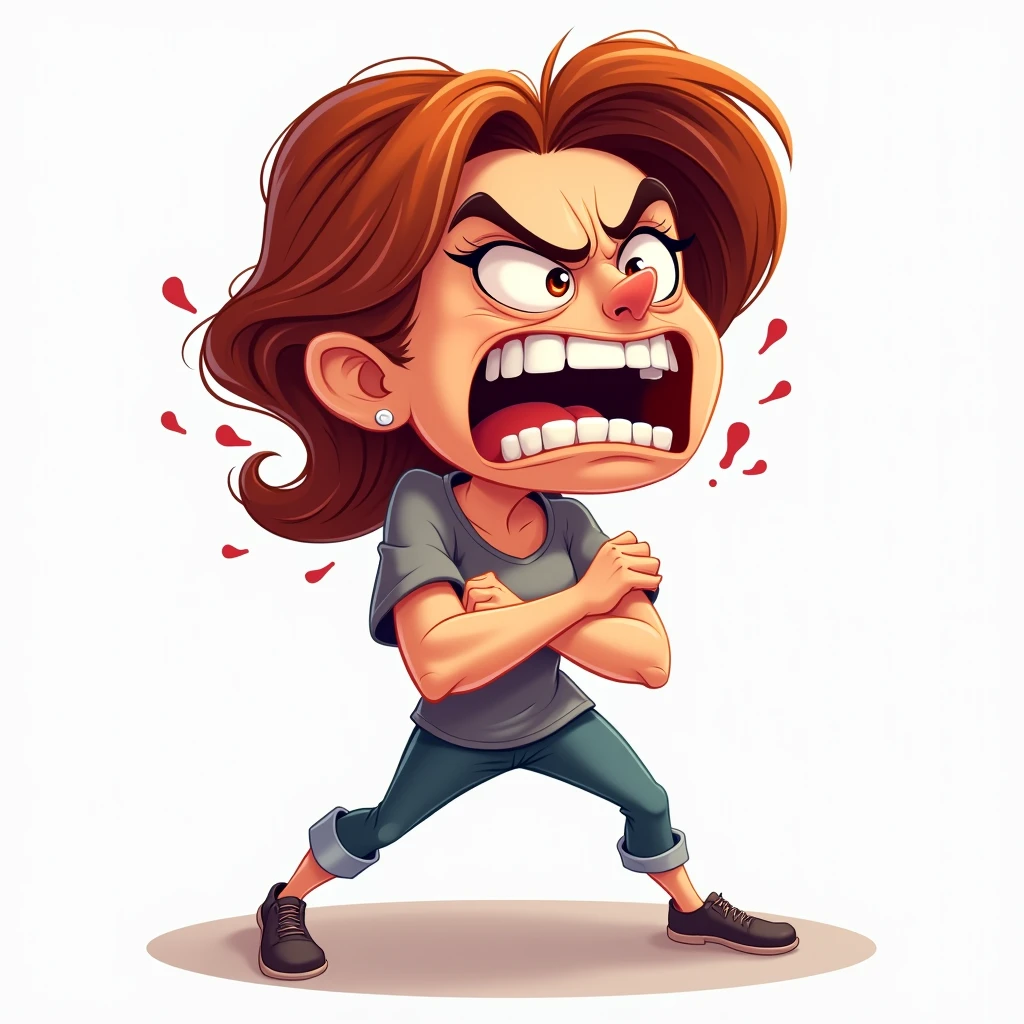 Create a cartoon-style image of a beautiful woman with an angry expression, stamping her foot on the ground and with her arms crossed. She should not be carrying anything or wearing a jacket. The background should be completely white, with no other details. The woman should be looking forward with a frustrated expression. EasyNegative, (worst quality, low quality:1.4), (((deformed))), distortions in the hands, face, and other parts, more than 1 character