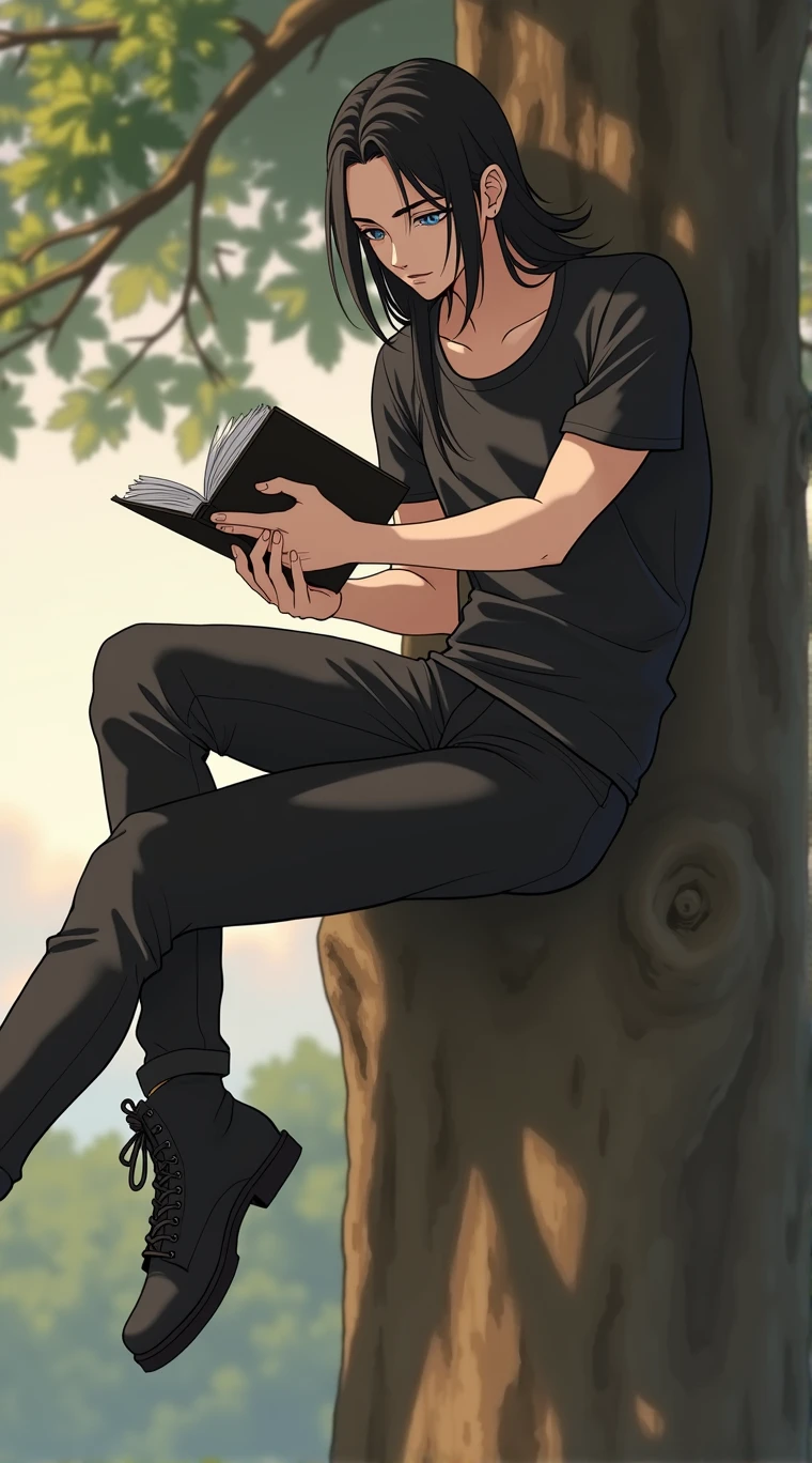 Guy long black hair, sitting on a tree branch, A notebook in his hands, very sad ,grey eyes, Beautiful skinny body, Beautiful face, black T-shirt, black trousers, black boots, anime art, masterpiece, realistically, Sad face