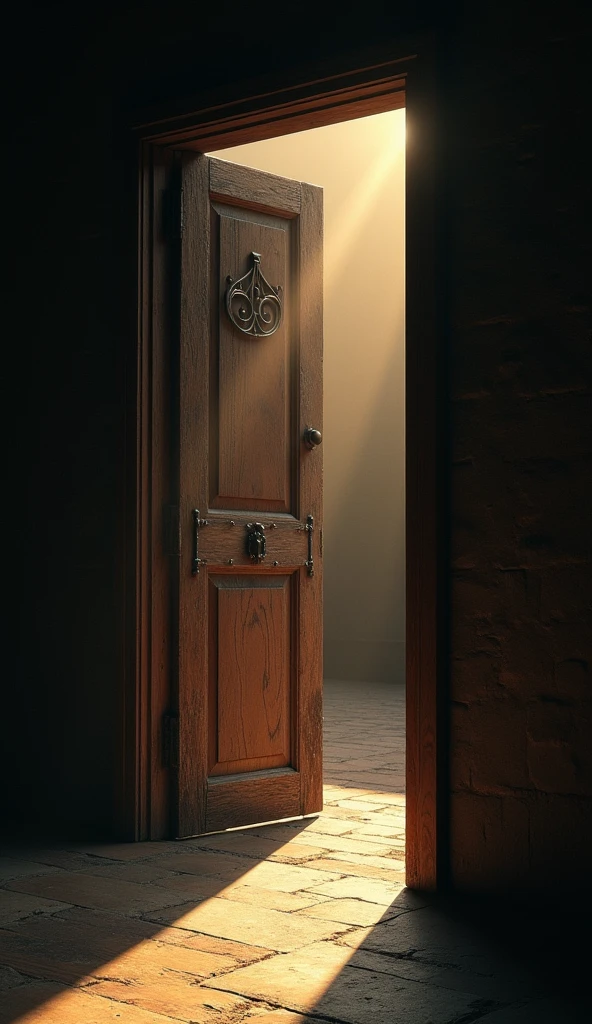 "A partially opened door viewed from the inside, where warm, radiant light floods the interior. The door itself is old and slightly worn, with intricate details in the wood. Outside, through the small opening, only darkness and shadowy forms are visible, creating a stark contrast between the bright, welcoming light inside and the deep, oppressive darkness outside. The floor inside is gently illuminated, casting soft, elongated shadows from the doorway. The atmosphere inside is serene and inviting, symbolizing hope and salvation, while the outside remains mysterious and foreboding."
This should create a powerful visual representation of light and darkness.
