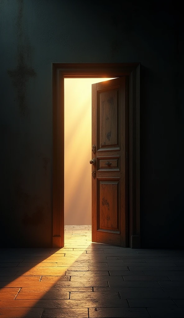 "A partially opened door viewed from the inside, where warm, radiant light floods the interior. The door itself is old and slightly worn, with intricate details in the wood. Outside, through the small opening, only darkness and shadowy forms are visible, creating a stark contrast between the bright, welcoming light inside and the deep, oppressive darkness outside. The floor inside is gently illuminated, casting soft, elongated shadows from the doorway. The atmosphere inside is serene and inviting, symbolizing hope and salvation, while the outside remains mysterious and foreboding."

This should create a powerful visual representation of light and darkness.
