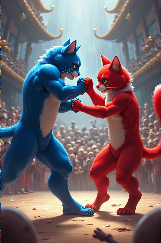 As the judges deliberated, the crowd was on the edge of their seats. Finally, the result was announced: it was a draw. Both the Blue Cat and the Red Cat had demonstrated incredible skill and heart, and the spectators erupted in applause for both fighters.