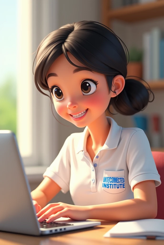 Disney girl wearing a white polo shirt, sitting with her computer( complete macbook) studying languages virtually
In the shirt pocket it should say: INTERCONNECTED INSTITUTE, only in blue letters and uppercase (not so big letters)
