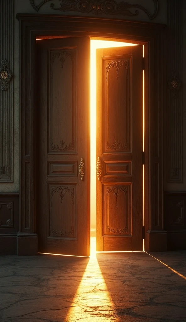 "A partially opened door viewed from the inside, where warm, radiant light floods the interior. The door itself is old and slightly worn, with intricate details in the wood. Outside, through the small opening, only darkness and shadowy forms are visible, creating a stark contrast between the bright, welcoming light inside and the deep, oppressive darkness outside. The floor inside is gently illuminated, casting soft, elongated shadows from the doorway. The atmosphere inside is serene and inviting, symbolizing hope and salvation, while the outside remains mysterious and foreboding."
This should create a powerful visual representation of light and darkness.