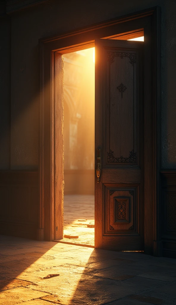 "A partially opened door viewed from the inside, where warm, radiant light floods the interior. The door itself is old and slightly worn, with intricate details in the wood. Outside, through the small opening, only darkness and shadowy forms are visible, creating a stark contrast between the bright, welcoming light inside and the deep, oppressive darkness outside. The floor inside is gently illuminated, casting soft, elongated shadows from the doorway. The atmosphere inside is serene and inviting, symbolizing hope and salvation, while the outside remains mysterious and foreboding."
This should create a powerful visual representation of light and darkness.