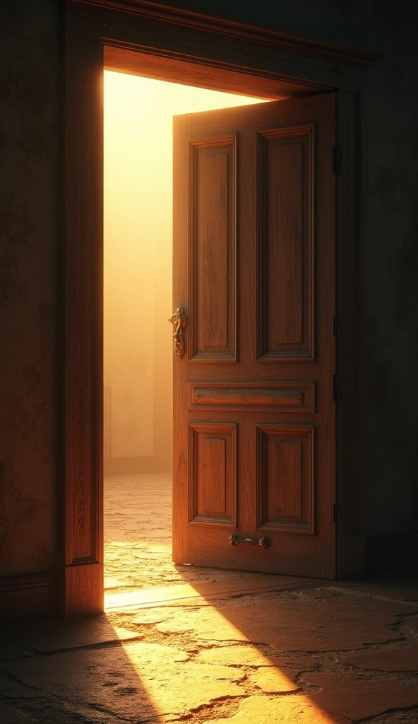 "A partially opened door viewed from the inside, where warm, radiant light floods the interior. The door itself is old and slightly worn, with intricate details in the wood. Outside, through the small opening, only darkness and shadowy forms are visible, creating a stark contrast between the bright, welcoming light inside and the deep, oppressive darkness outside. The floor inside is gently illuminated, casting soft, elongated shadows from the doorway. The atmosphere inside is serene and inviting, symbolizing hope and salvation, while the outside remains mysterious and foreboding."
This should create a powerful visual representation of light and darkness.