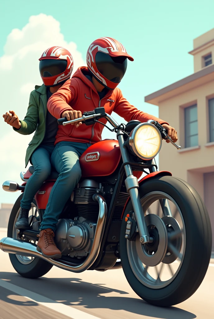 Animated 2D side view of a motorcycle with two people on board wearing helmets, multiple images 