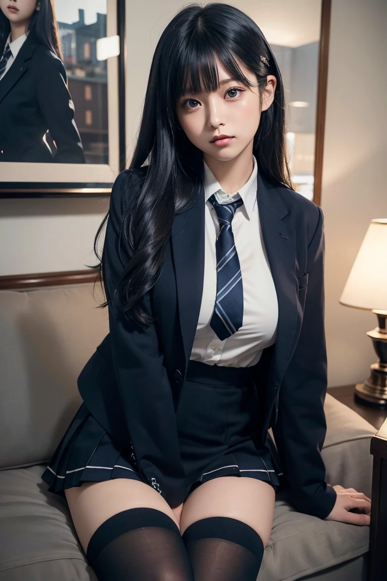 Realistic、masterpiece, Highest quality, shape, Very detailed, Finer details, High resolution, 8k,wallpaper, Perfect dynamic composition,(High quality with attention to detail, Realistic depiction of eyes:1.3), So cute、The background is a room in a luxury hotel、Schoolgirl uniform、blazer 、A blouse that looks like it's going to tear、Super Short Check Uniform Skirt、Navy blue knee-high socks、Disheveled uniform, Long Hair, Black hair color, Huge breasts, Big Natural Color Lip, Bold sexy pose, (Perfect shape), Crying a little、Cold Stare, Harajuku Style、20-year-old girl、 Beautiful legs, Burning idol pose, Voluptuous thighs