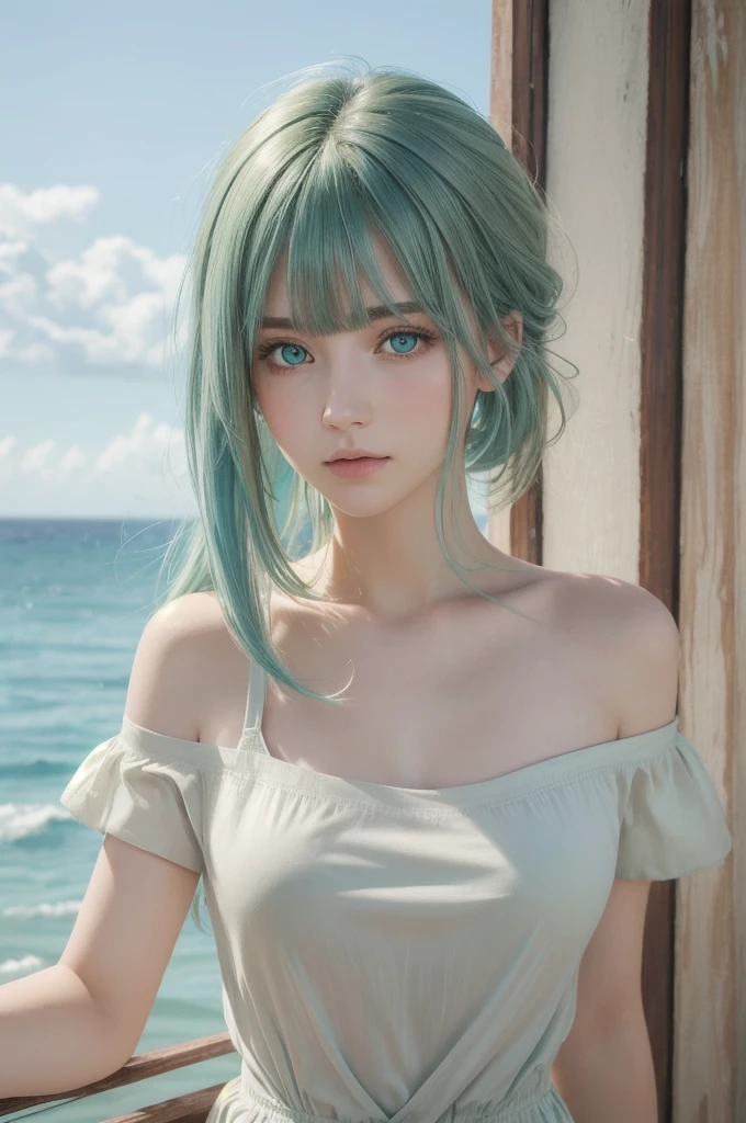 Medium Shot,high quality, masterpiece, (Realistic, photo-Realistic:1.2) ,High resolution, Super detailed, RAW Photos,Depth of written boundary, One person, Green Eyes, Medium Hair, Pastel blue hair,bangs, Portraiture, Upper Body, shoulder, Ivory Shirt, Simple Background, Ocean Background