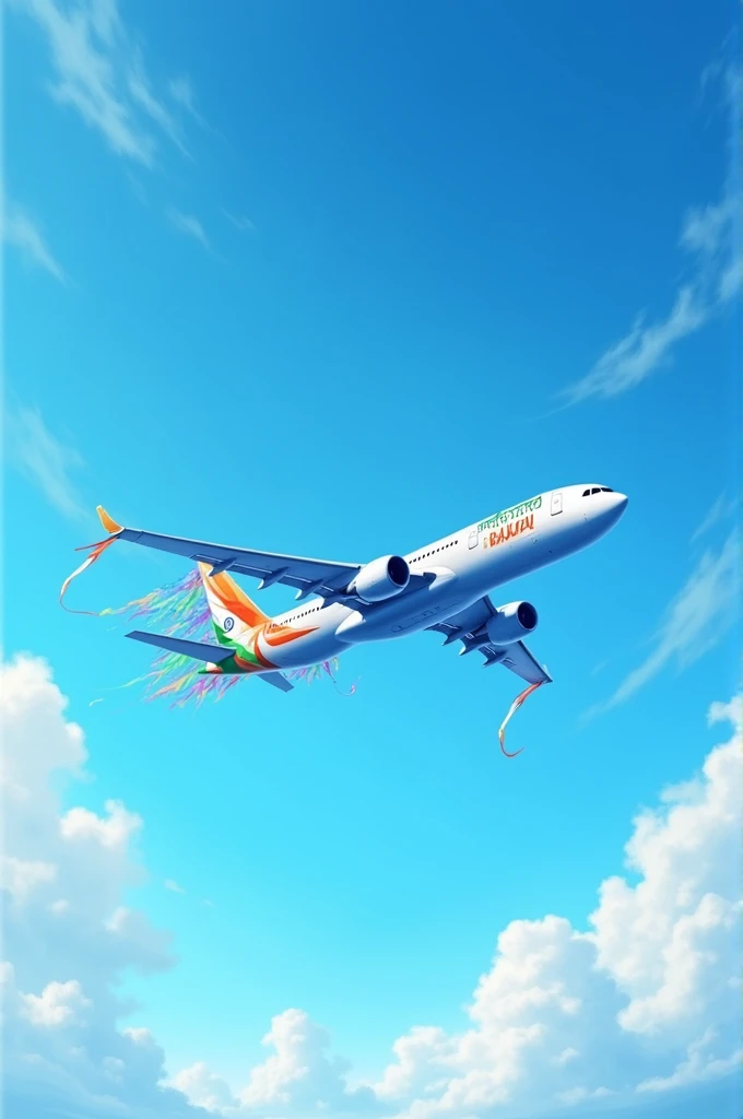 Generate an image a airplane probably a passanger plane flying in blue sky with little clouds and a banner is attached to its tail where Bharat MATA KI JAI written, realistic,high quality, lively, vibrant
